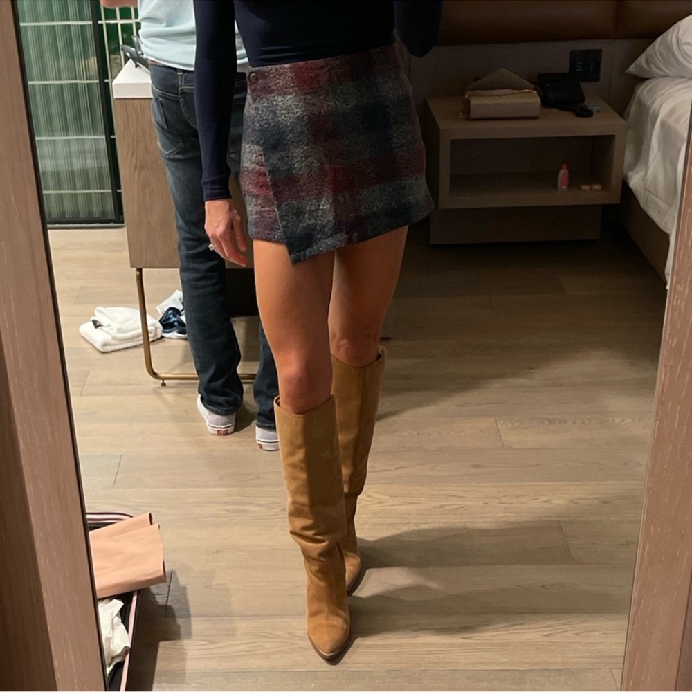 Free People Emmy Tweed Wrap Skort in navy and maroon plaid size 0